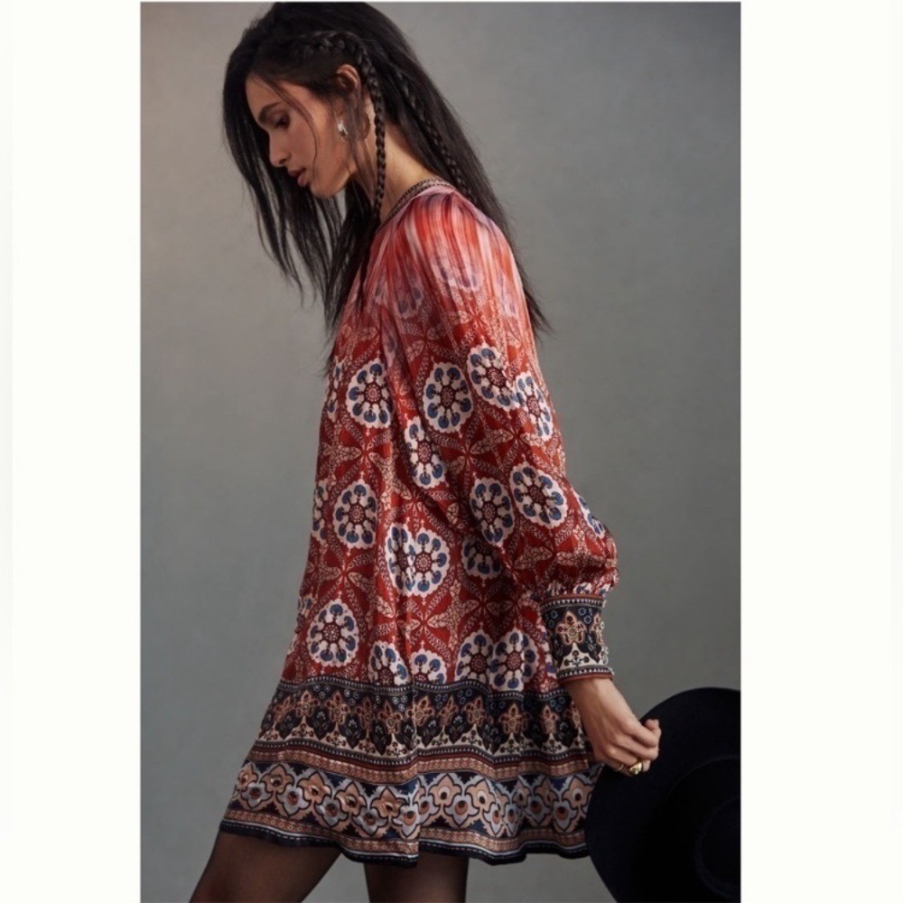 Tanvi Kedia Anthropologie Boho Medallion Print Mini Dress Rust Blue XS